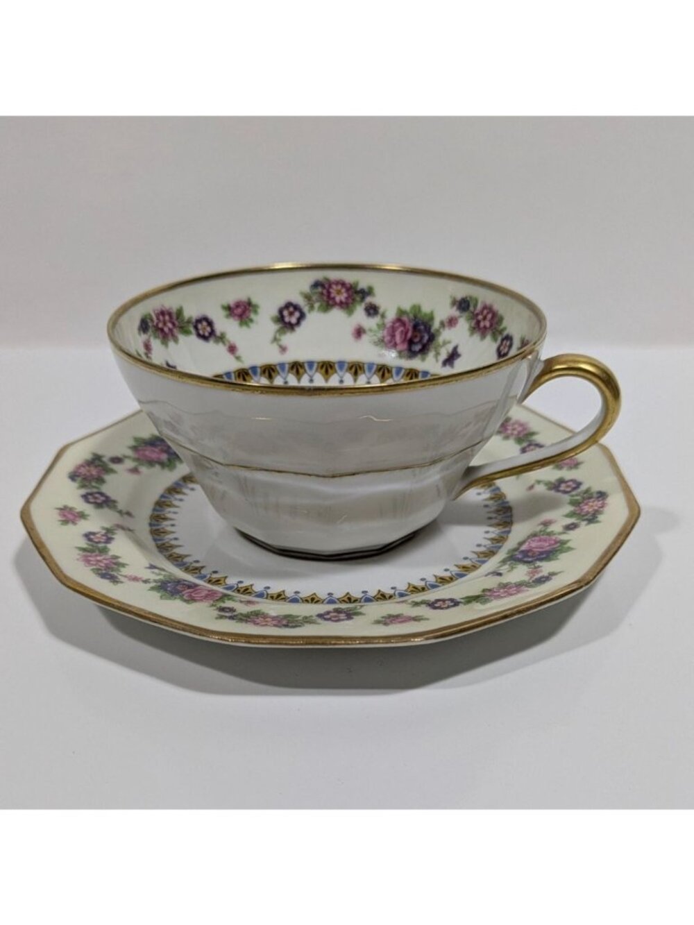 C. Ahrenfeldt Limoges France Teacup Saucer Pink Blue Flowers Gold Trim Vintage